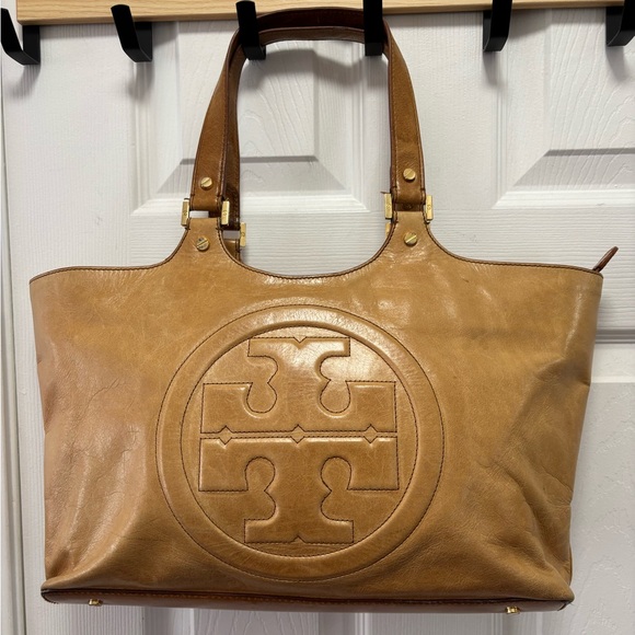Tory Burch Bombe Glazed Leather Tote in Royal Tan EUC